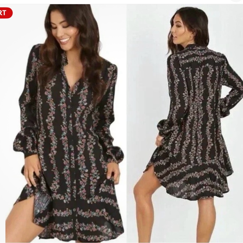 Free People Button Down Shirt Dress, Retro Floral